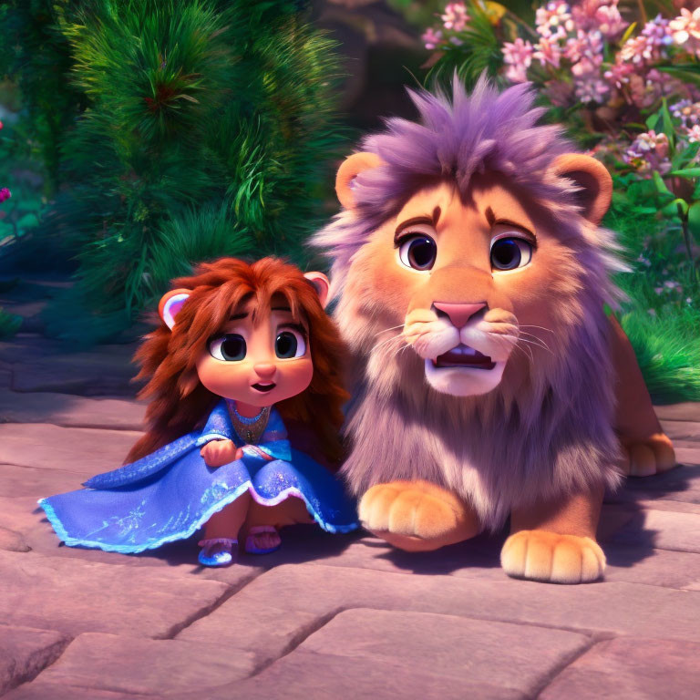 Young girl in blue dress with animated lion in lush setting