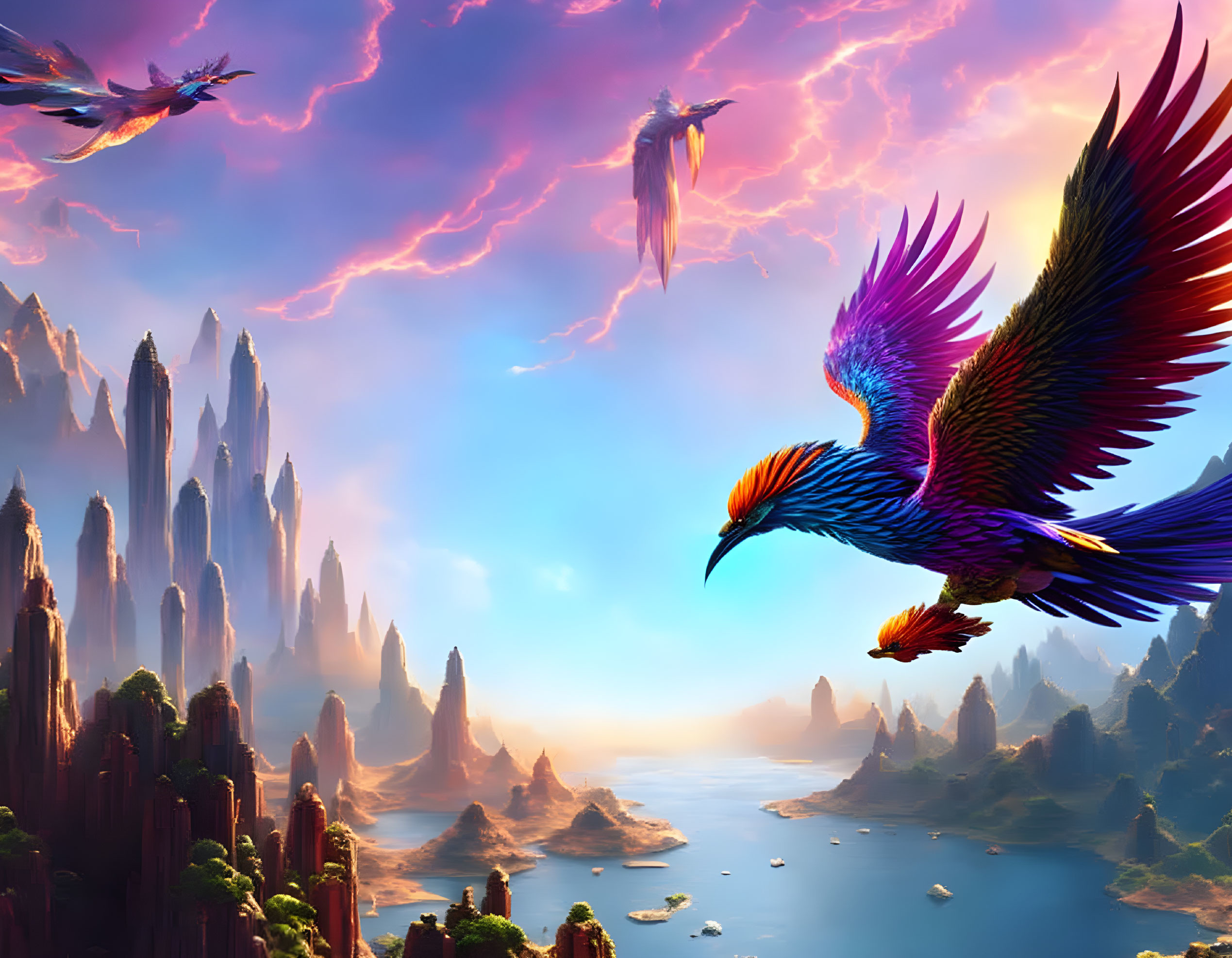 Colorful mythical birds soar above majestic rock spires, serene river, and purple lightning sky