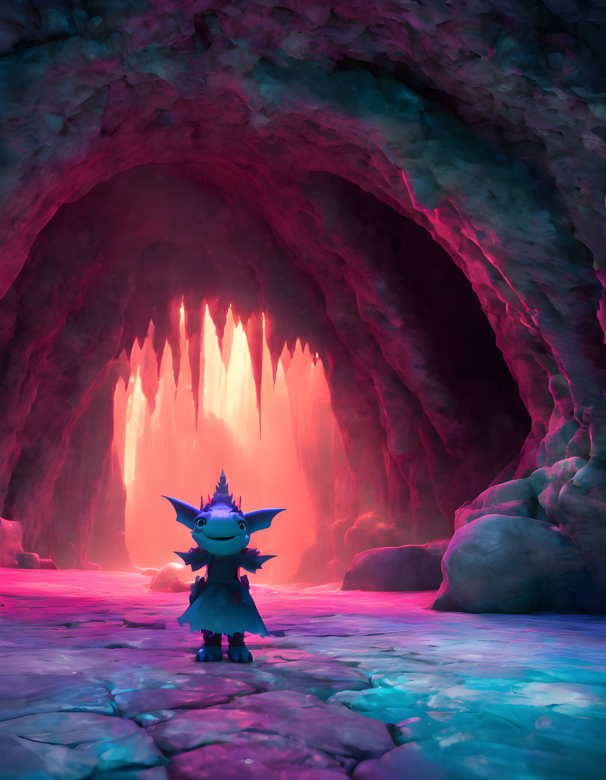 Colorful creature in vibrant cave with pink crystals and fiery backdrop