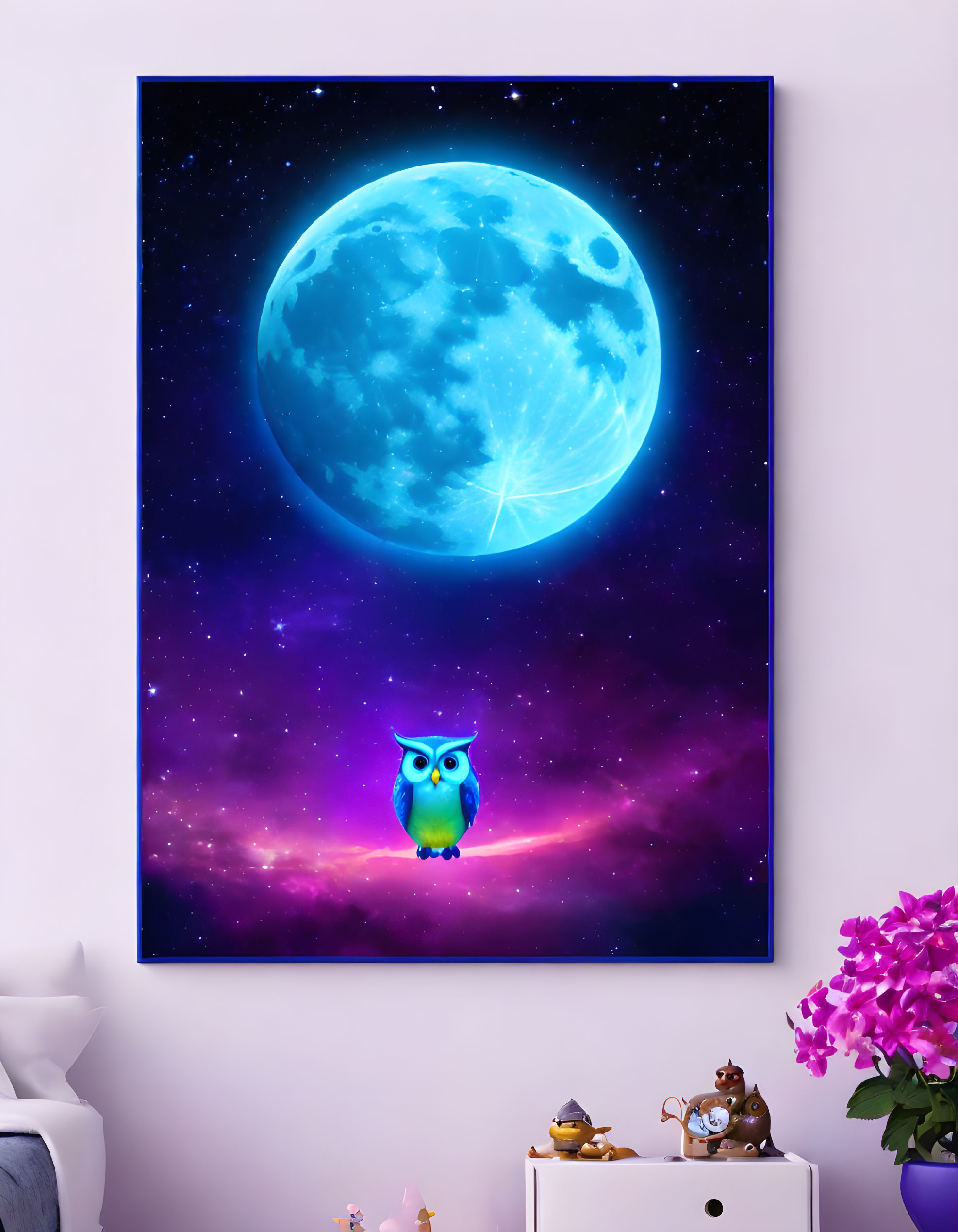 Colorful Owl and Blue Moon Poster on Wall