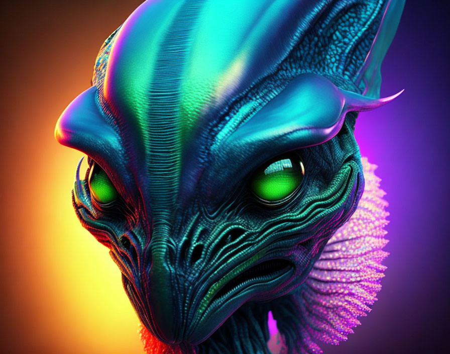 Colorful digital artwork: Alien creature with iridescent skin and green eyes