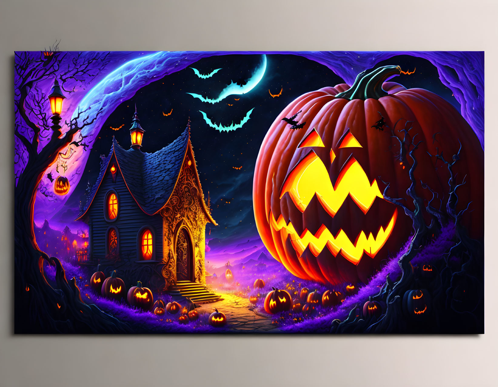 Colorful Halloween Artwork with Pumpkin, Spooky House, Moonlit Sky, and Bats