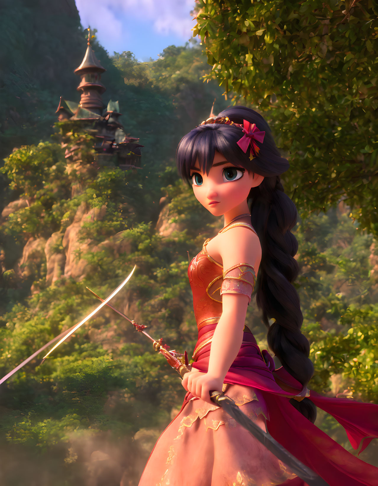 Long Black-Haired Animated Character in Red Attire with Sword and Traditional Building in Lush Greenery