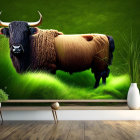 Surreal yak with lush fur on vibrant green grass, indoor setting with decorative vases and miniature