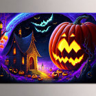 Colorful Halloween Artwork with Pumpkin, Spooky House, Moonlit Sky, and Bats