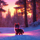 Small Fox in Snowy Forest at Sunset with Pink and Purple Sky