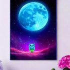 Colorful Owl and Blue Moon Poster on Wall