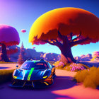 Futuristic cars under oversized orange trees in purple and blue sky