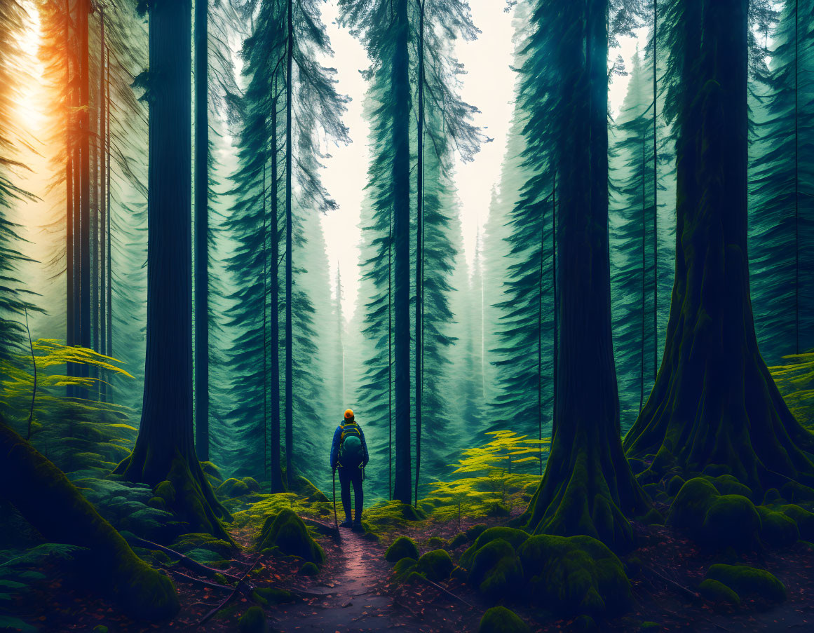 Hiker on Forest Trail with Sun Rays and Tall Trees