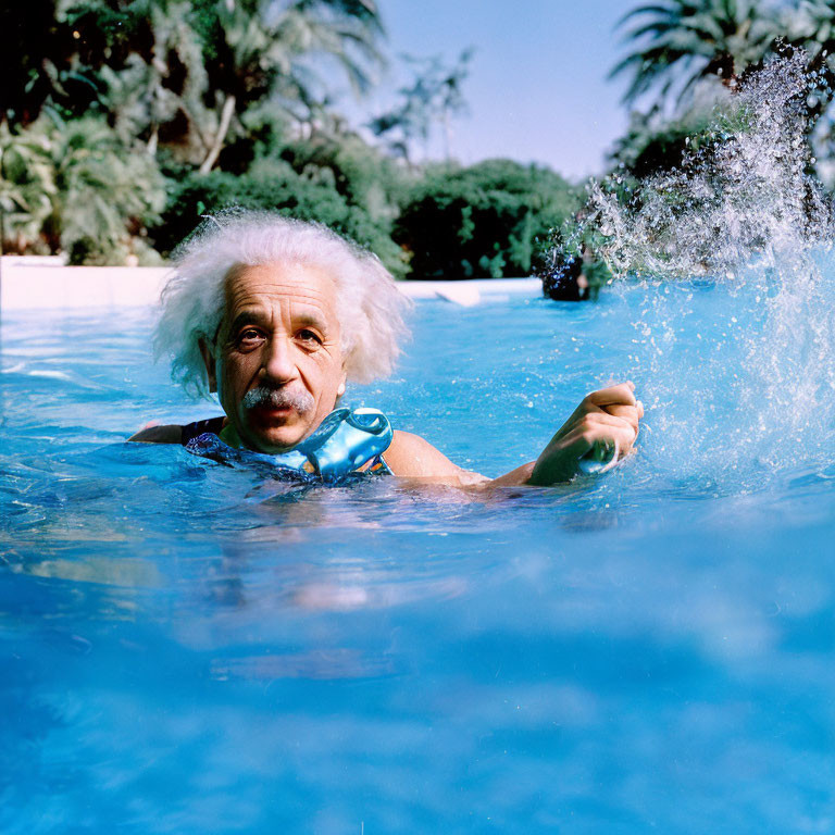 Elder Person with Bushy White Hair Floating in Pool