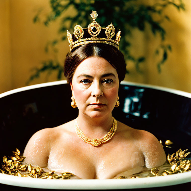 Woman in crown and pearl necklace sitting in bathtub with golden leaves, greenery backdrop