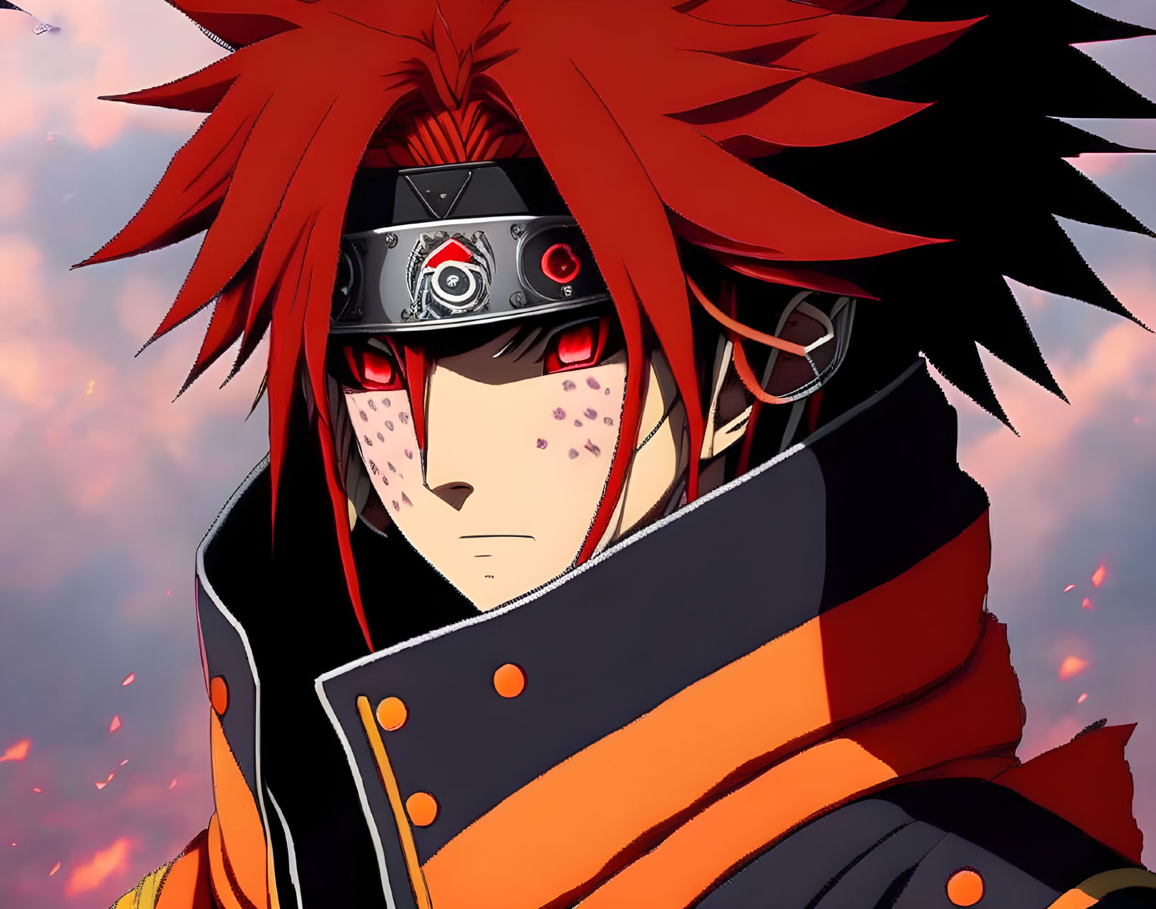 Red Spiky-Haired Animated Character with Headband, Red Eyes, and Black Coat