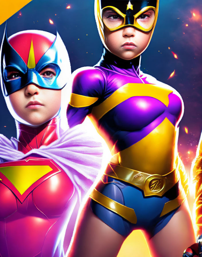 Colorful Female Superheroes in Capes and Masks Against Fiery Background