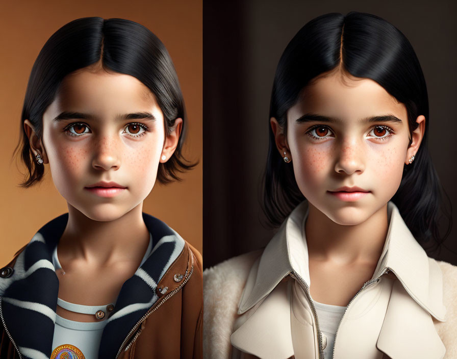 Diptych of young girl with dark hair and brown eyes in different outfits against dark background