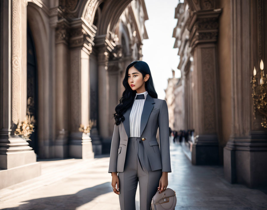 Stylish woman in gray suit and beret with white purse in arcade corridor