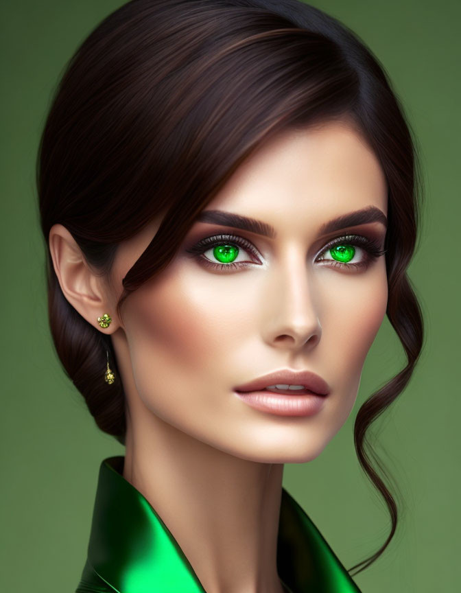 Vibrant green-eyed woman portrait with dark hair and gold earrings