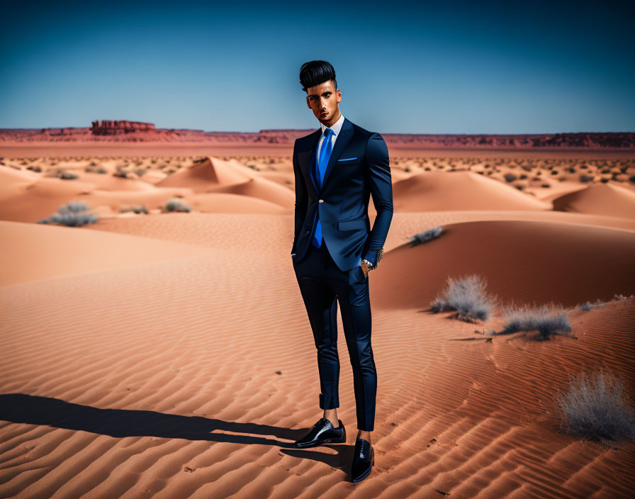 Confident person in blue suit in desert landscape