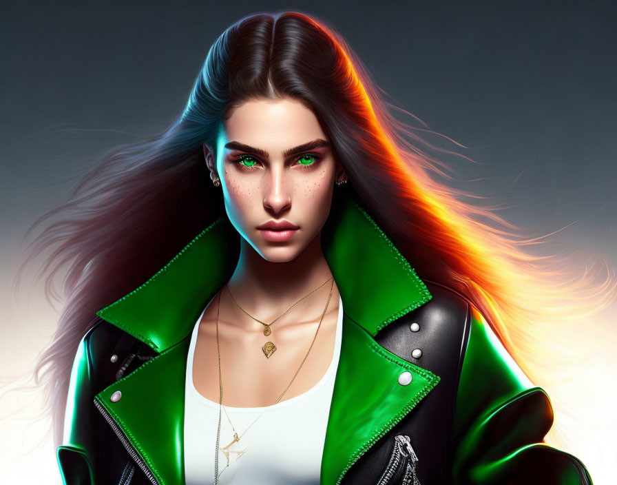 Multicolored hair woman in green leather jacket portrait