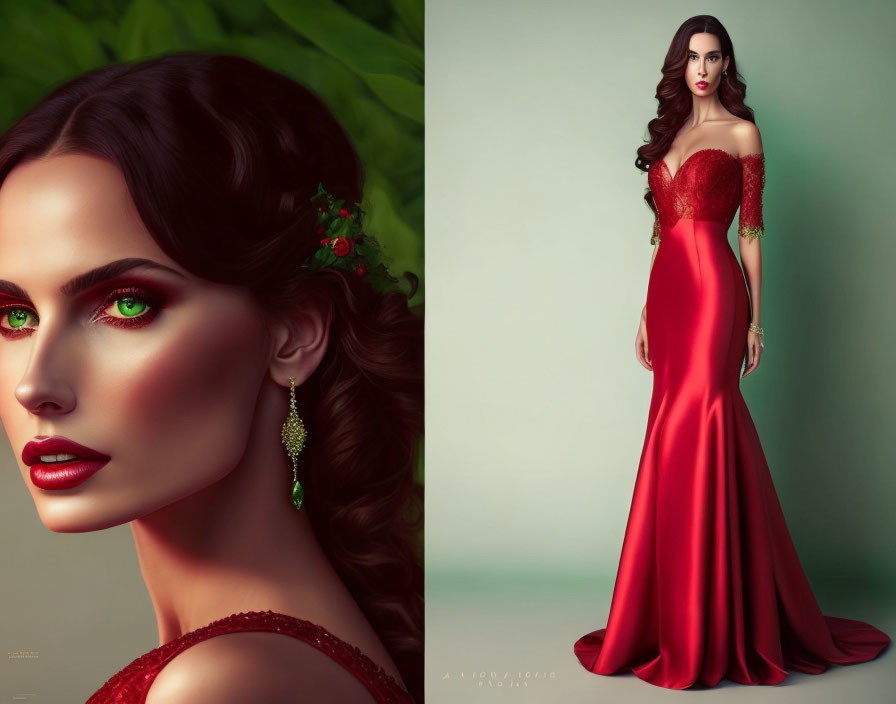 Digital artwork of a woman in red off-shoulder gown with green eyes and dark hair