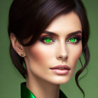 Vibrant green-eyed woman portrait with dark hair and gold earrings