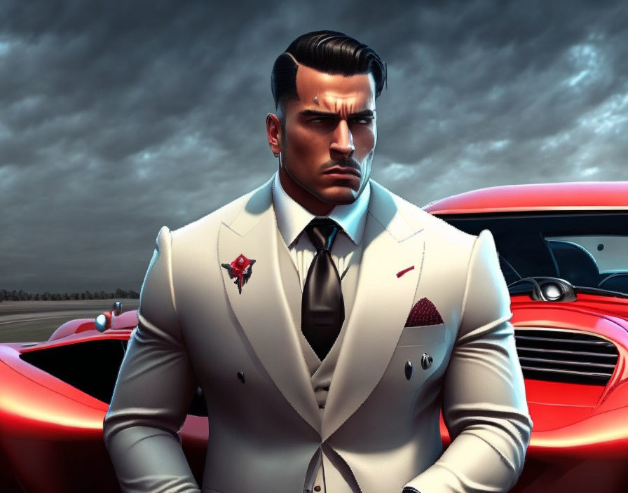 Stylized animated male figure in white suit by red sports car