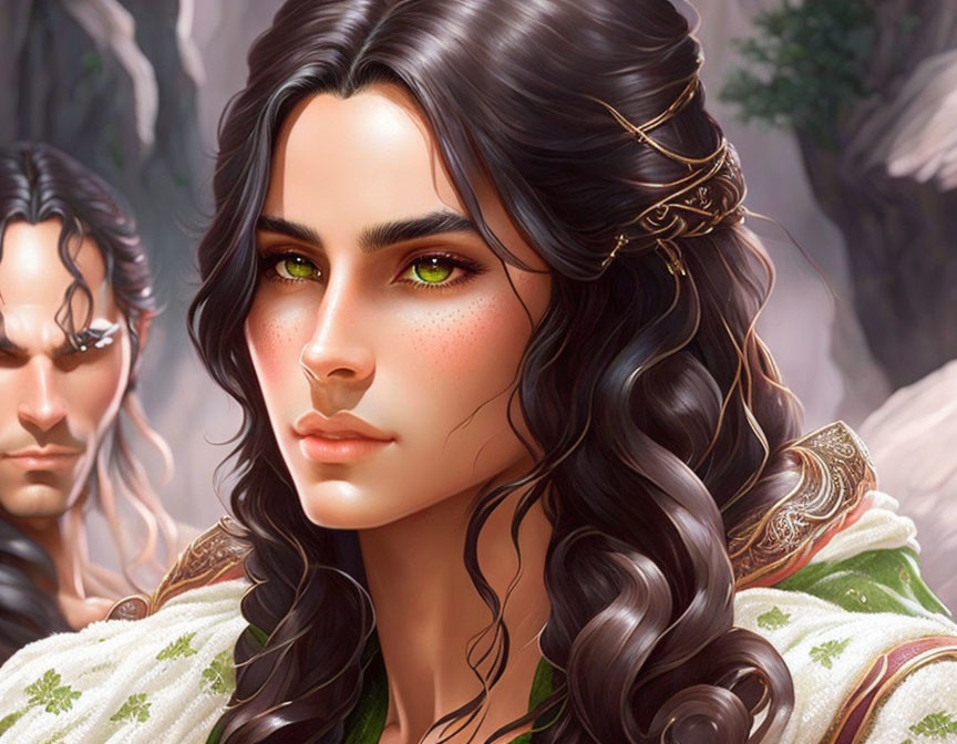 Digital artwork: Woman with olive skin, green eyes, and curly dark hair, with man in background