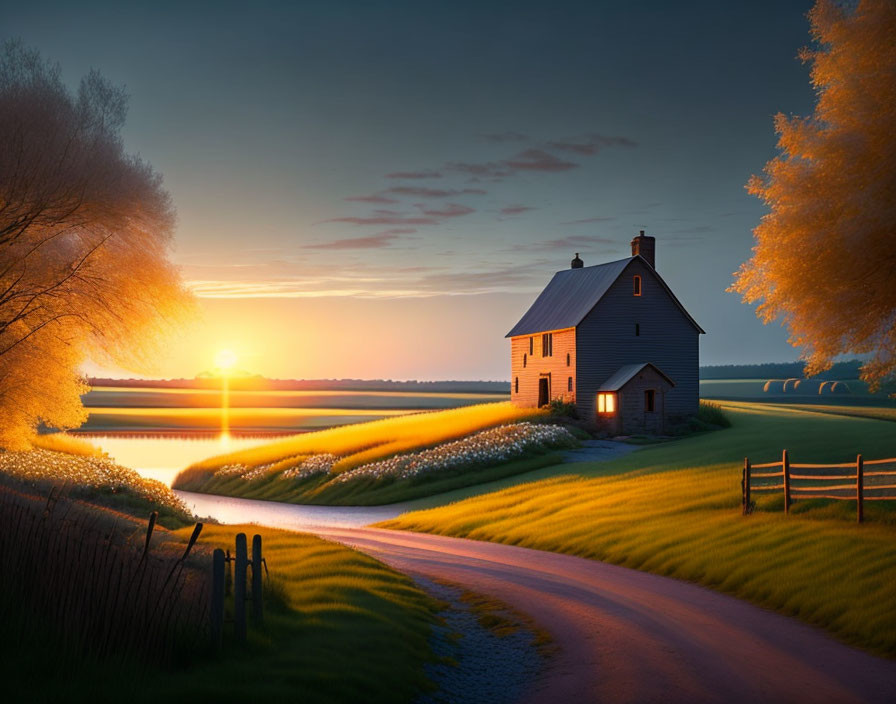 Tranquil countryside sunset with solitary house, river, and lush trees