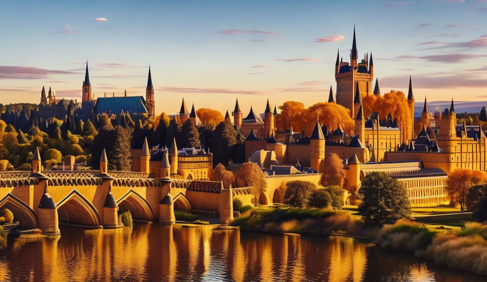 European cityscape with Gothic spires and arched bridges in golden-hour light