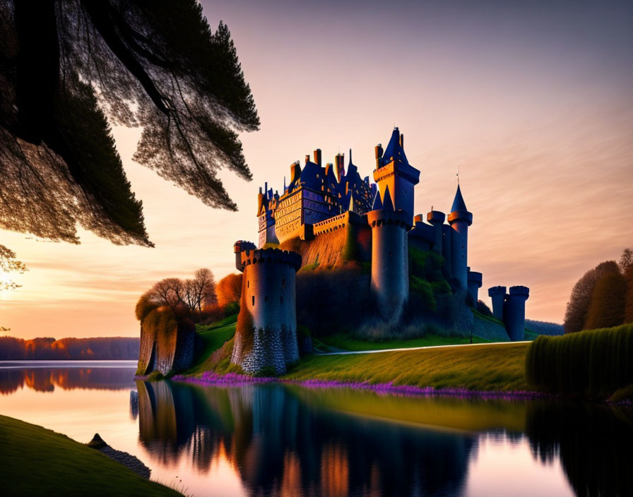 Medieval castle with spires and turrets reflected in tranquil water at sunset