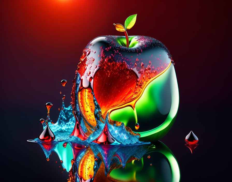 Colorful liquid splashes on apple with shiny surface and leaf