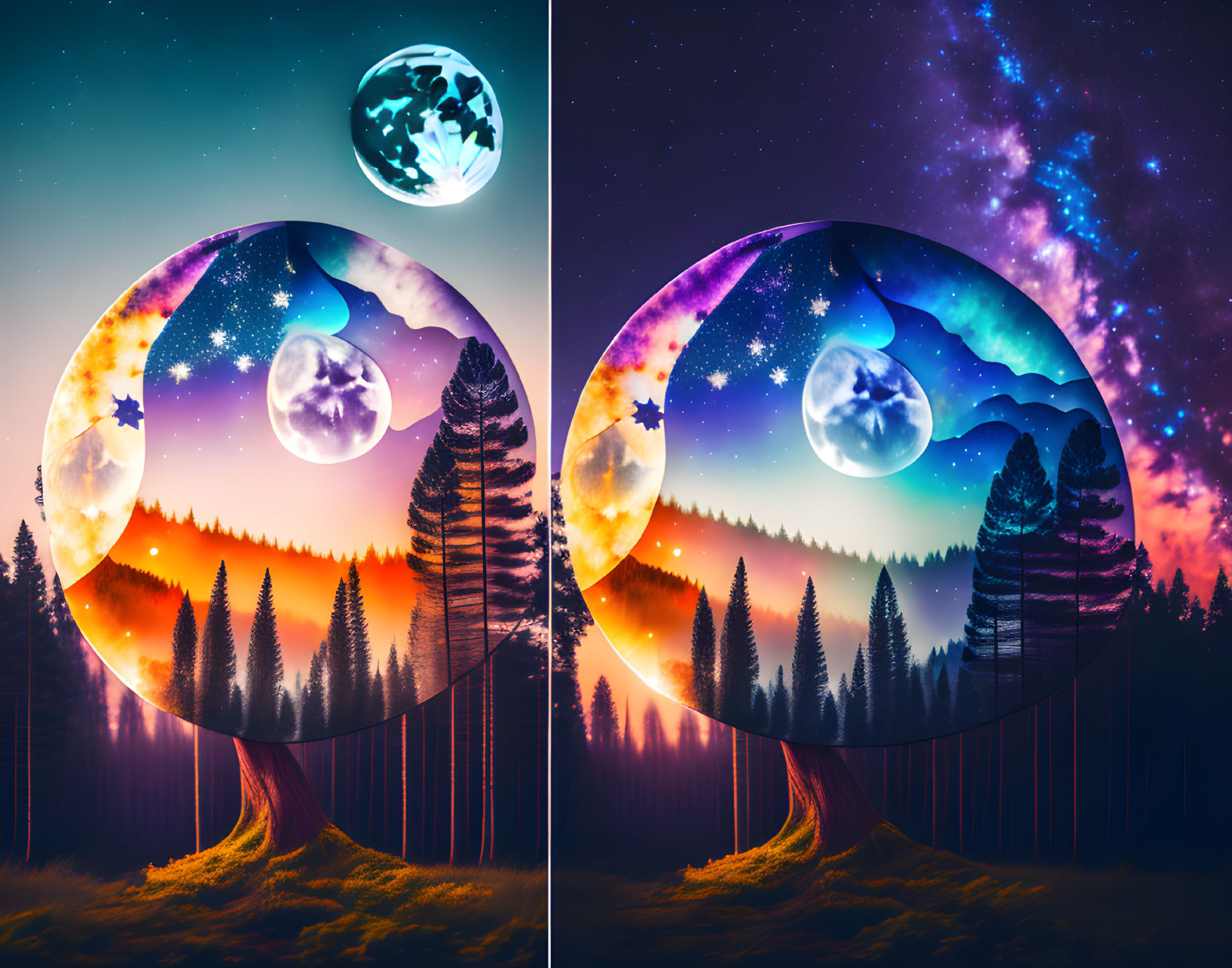 Surreal landscape with circular day-to-night portal, moon, planets, pine trees