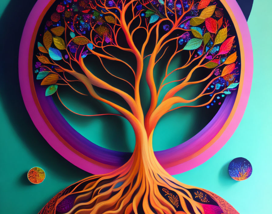 Colorful Tree Artwork with Textured Background and Spheres