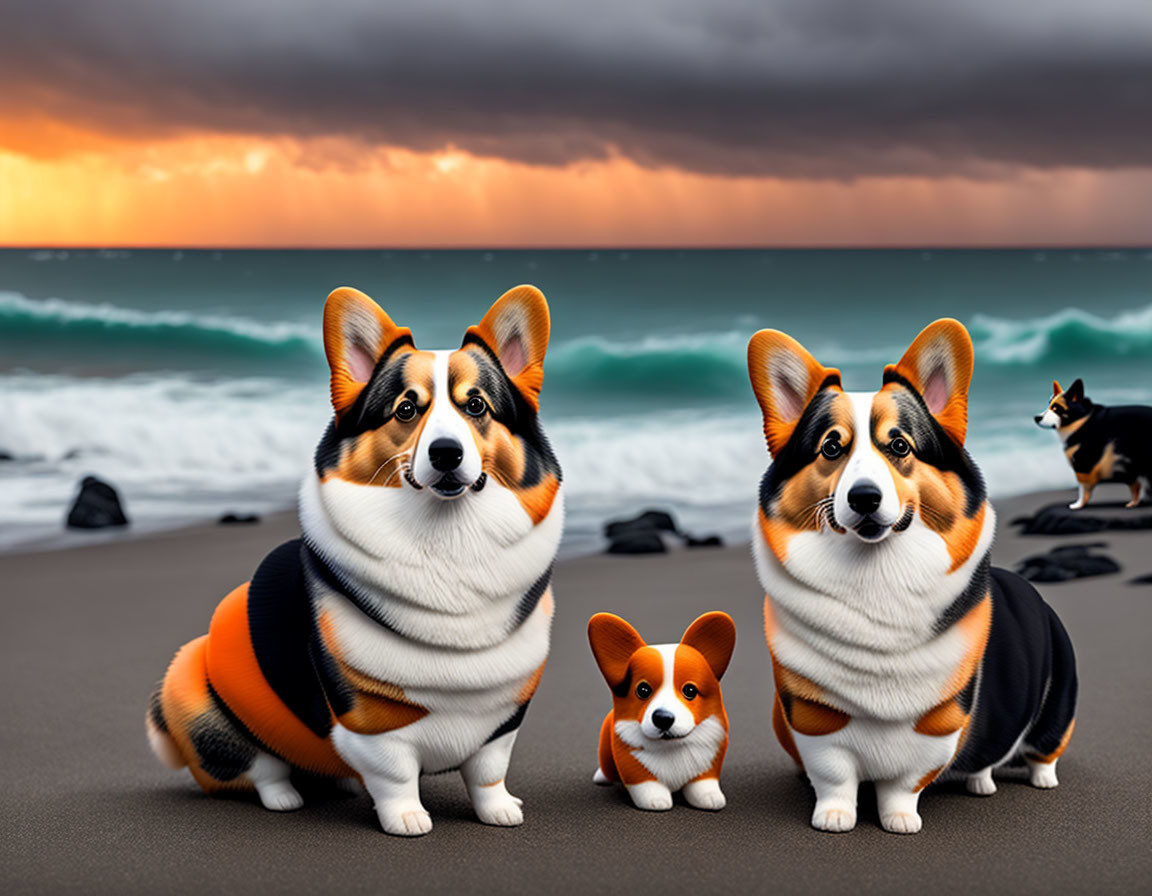 Two large and one small Corgi dogs on stormy beach with distant running dog