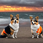 Two large and one small Corgi dogs on stormy beach with distant running dog