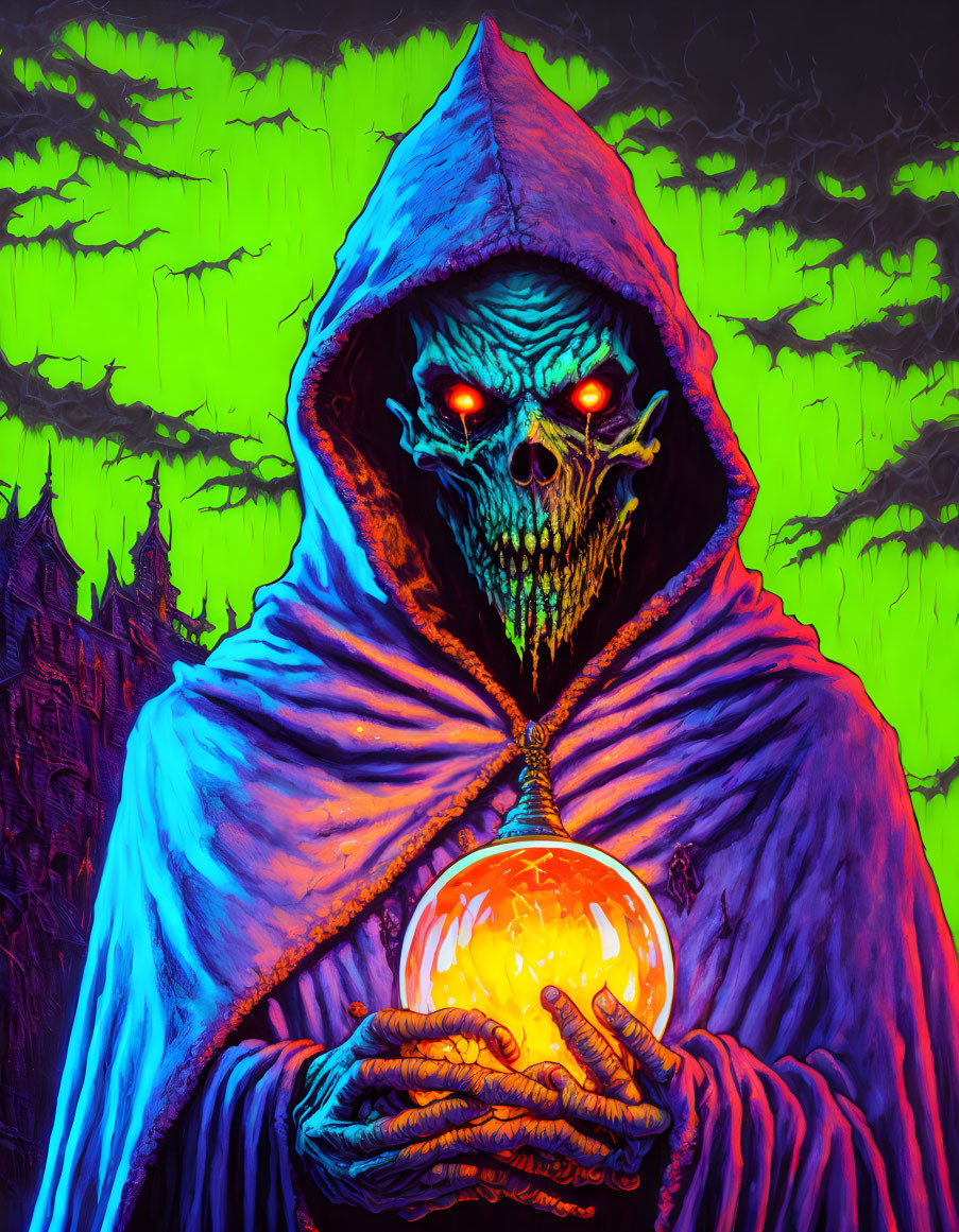 Colorful skeletal figure with glowing orb in blue cloak on neon green background