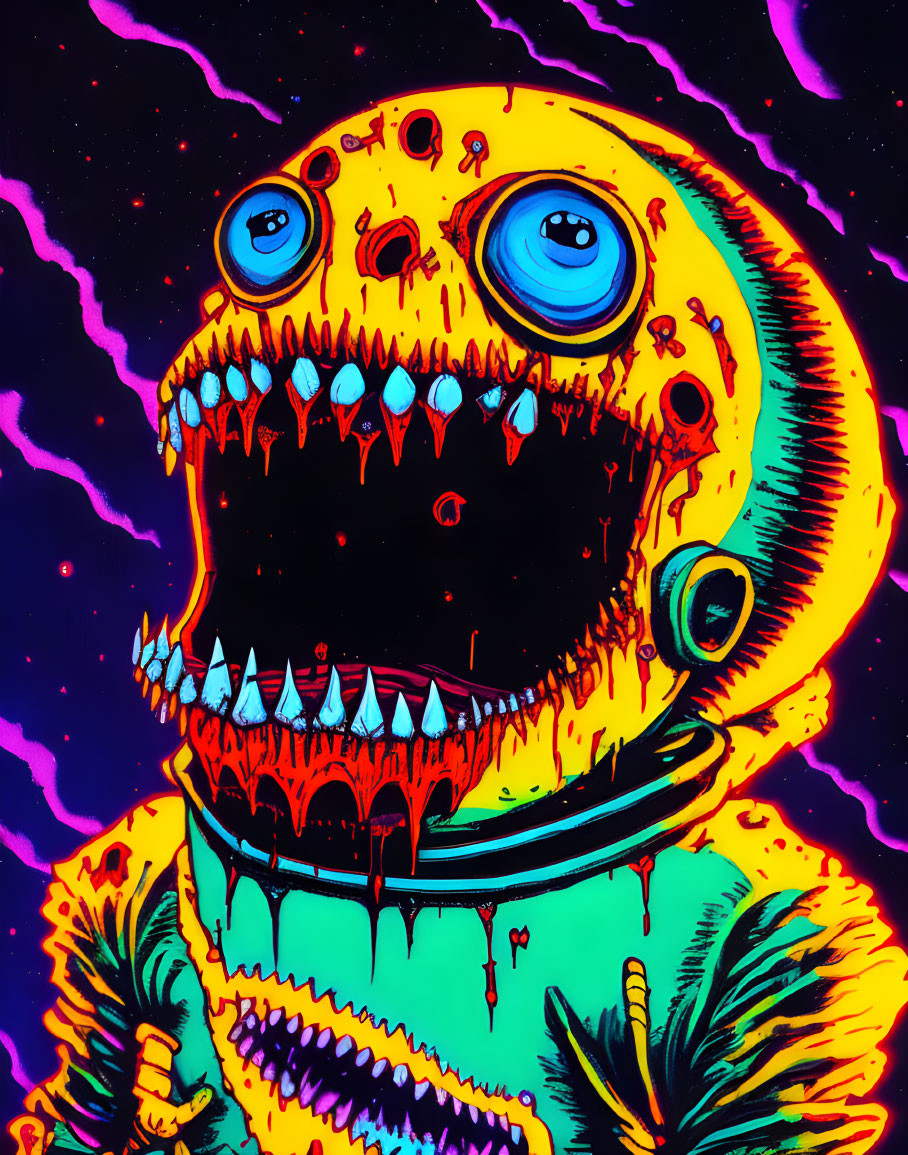 Colorful monstrous astronaut illustration in cosmic setting