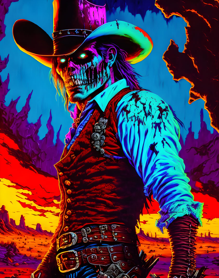 Colorful skeletal cowboy in western attire on vibrant landscape