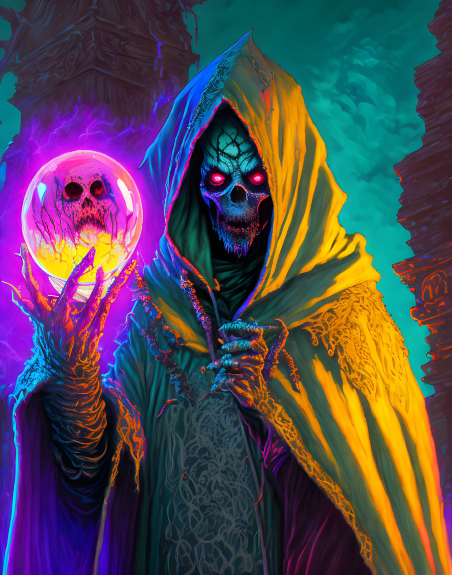 Colorful Hooded Skeleton Holding Glowing Purple Skull