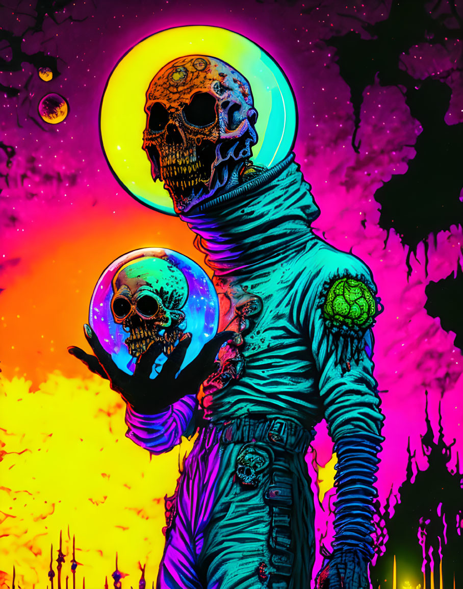 Colorful Cosmic Entity with Skull Head Holding Skull in Galaxy Scene