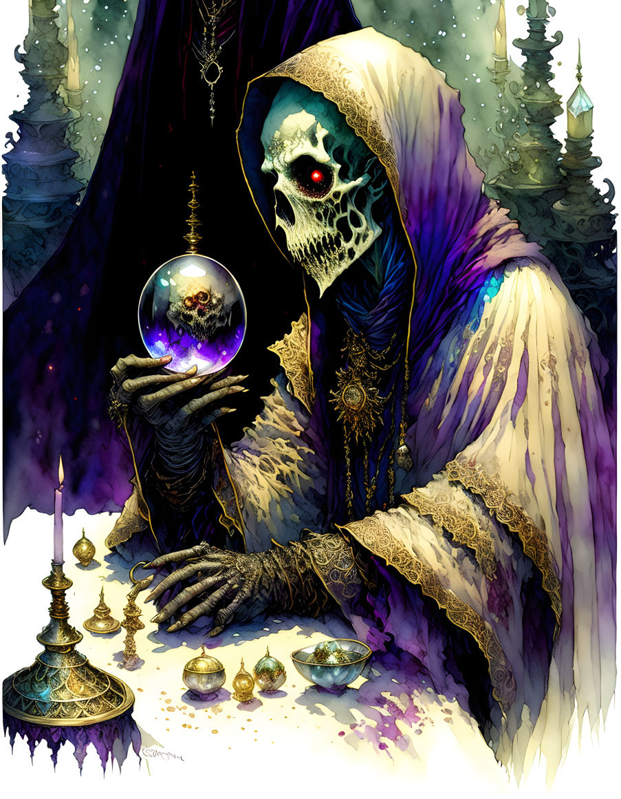 Mystical skeleton in purple and gold robes with crystal ball and candles