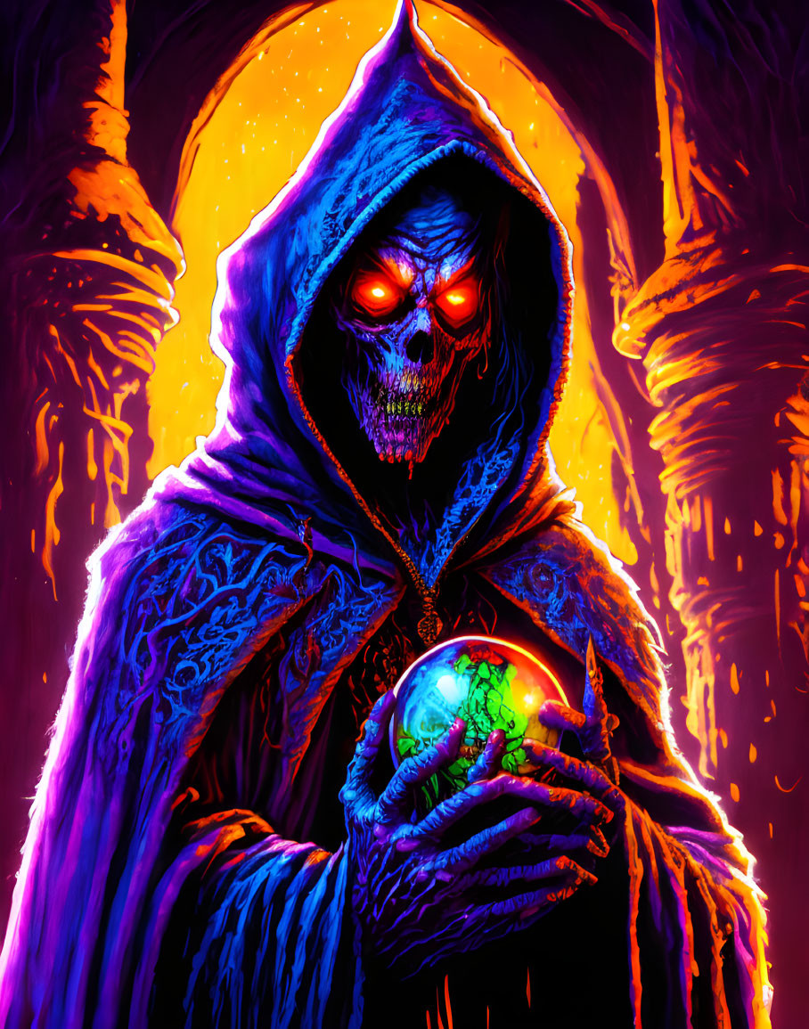 Glowing red-eyed skeletal figure in blue robe holds glowing earth in fiery gothic scene