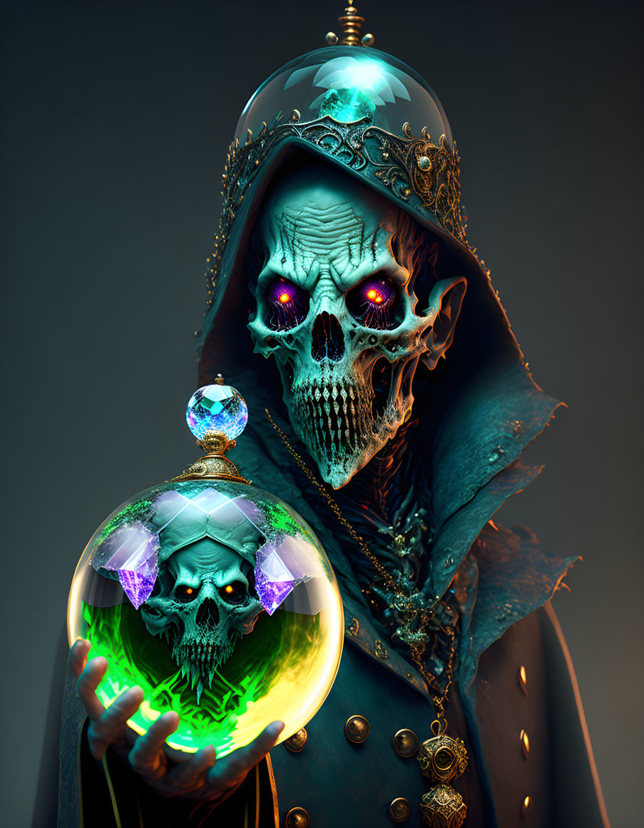 Detailed digital artwork: Skeletal figure in cloak with crystal ball and skull, adorned with gems.