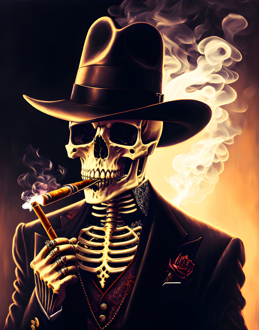 Stylized skeleton in fedora and suit with cigar and rose illustration