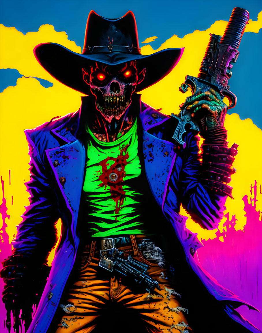 Colorful Skeleton Cowboy with Red Glowing Skull & Futuristic Gun on Neon Background