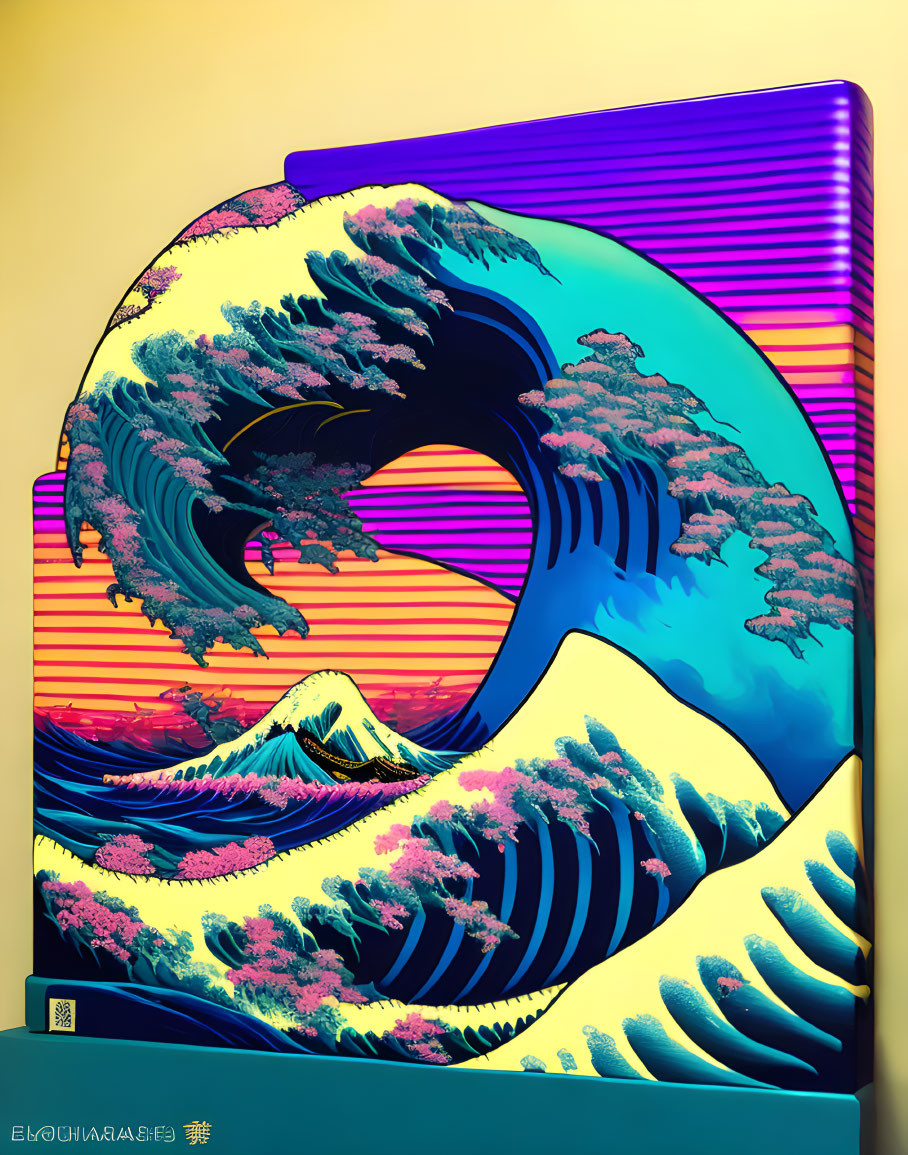 Digital artwork: Great Wave off Kanagawa reimagined with neon cyberpunk twist