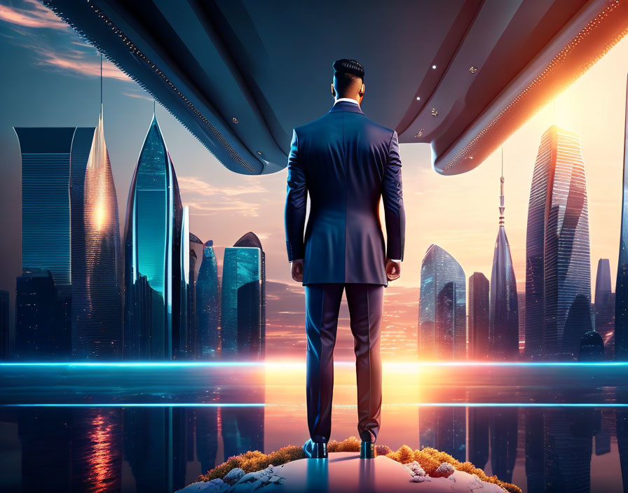 Businessman in suit gazes at futuristic cityscape at sunrise