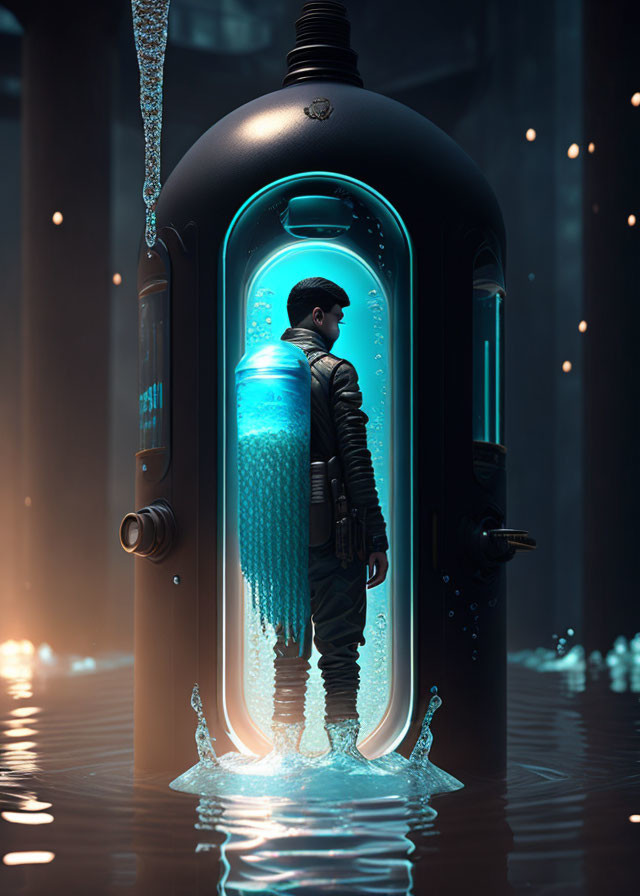 Futuristic capsule with blue lights and splashing water opening