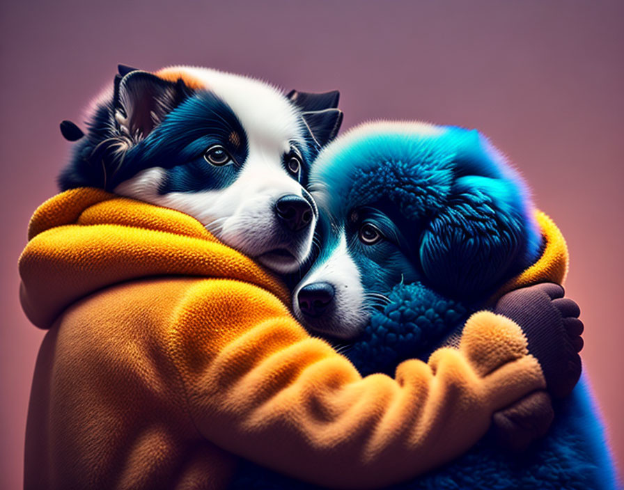 Two dogs in yellow scarf digital artwork on warm gradient background