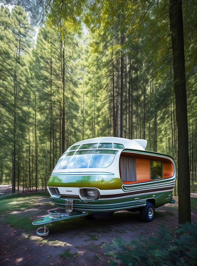 Retro-futuristic trailer with green accents in forest setting