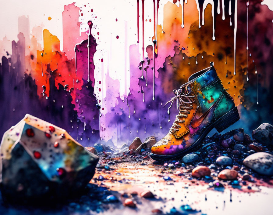 Vibrant watercolor cityscape behind colorful boot on pebbles